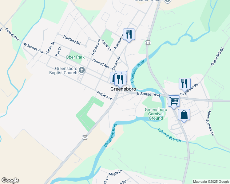map of restaurants, bars, coffee shops, grocery stores, and more near in Greensboro