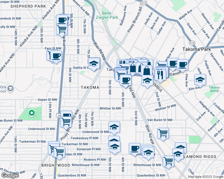map of restaurants, bars, coffee shops, grocery stores, and more near 6819 5th Street Northwest in Washington