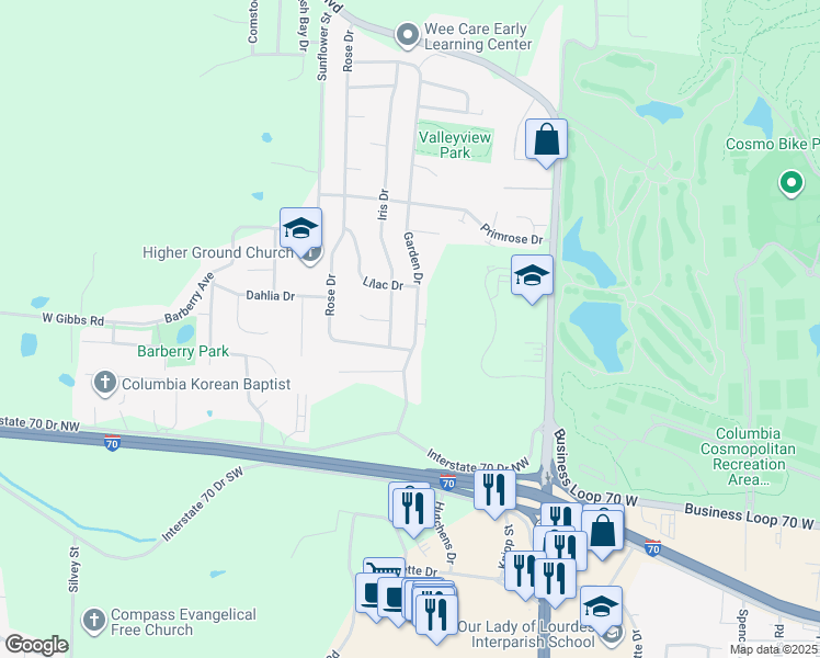map of restaurants, bars, coffee shops, grocery stores, and more near 1700 Garden Drive in Columbia