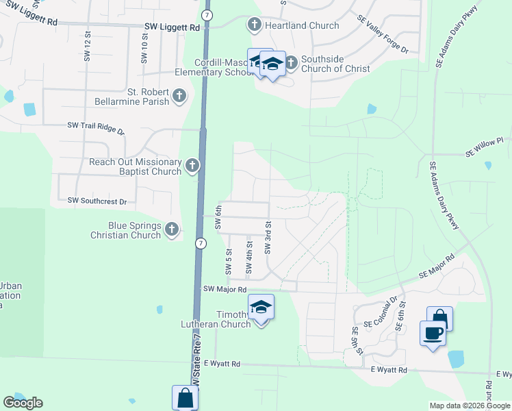map of restaurants, bars, coffee shops, grocery stores, and more near 305 Southwest Eagles Ridge Drive in Blue Springs