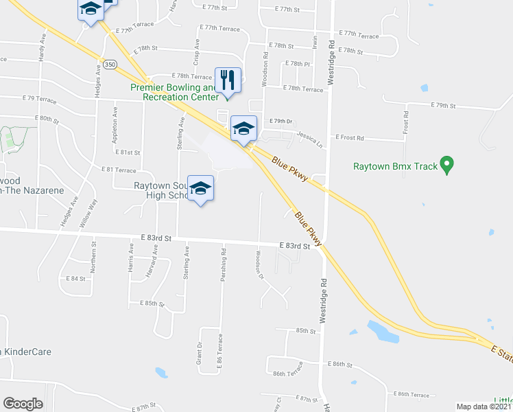 map of restaurants, bars, coffee shops, grocery stores, and more near 8206 Woodson Drive in Raytown