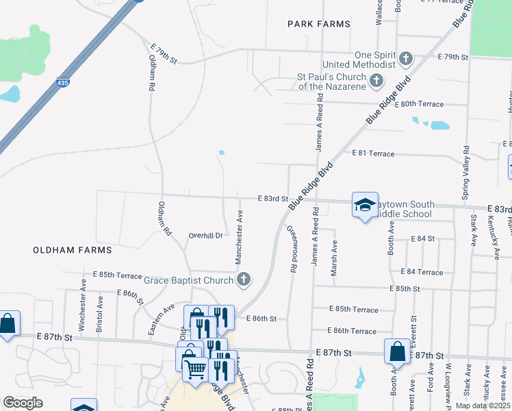 map of restaurants, bars, coffee shops, grocery stores, and more near 8319 Manchester Avenue in Kansas City
