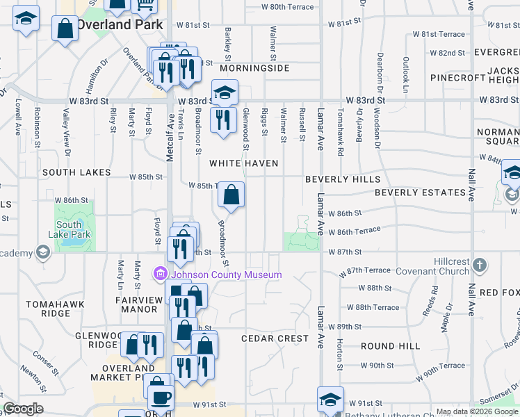 map of restaurants, bars, coffee shops, grocery stores, and more near 8600 Riggs Street in Overland Park
