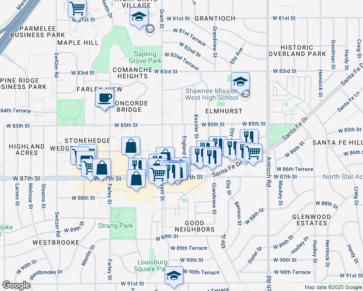 map of restaurants, bars, coffee shops, grocery stores, and more near 8547 England Street in Overland Park