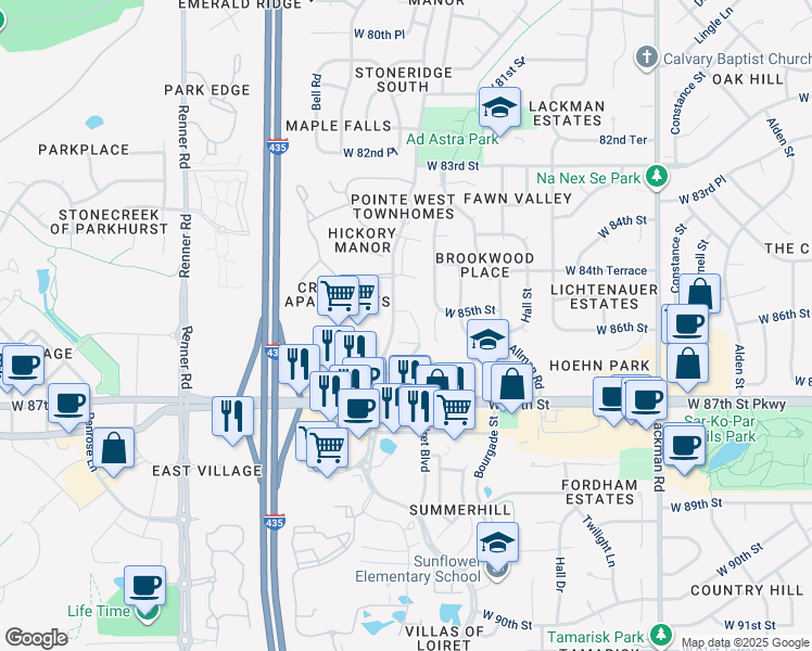 map of restaurants, bars, coffee shops, grocery stores, and more near 8616 Schweiger Court in Lenexa