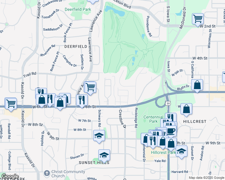 map of restaurants, bars, coffee shops, grocery stores, and more near 2 Graystone Drive in Lawrence