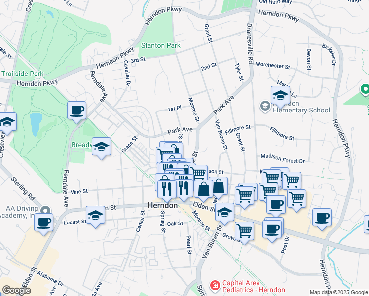 map of restaurants, bars, coffee shops, grocery stores, and more near 890 Station Street in Herndon