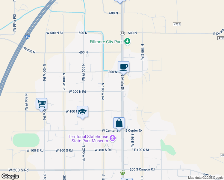map of restaurants, bars, coffee shops, grocery stores, and more near 70 West 200 South in Fillmore