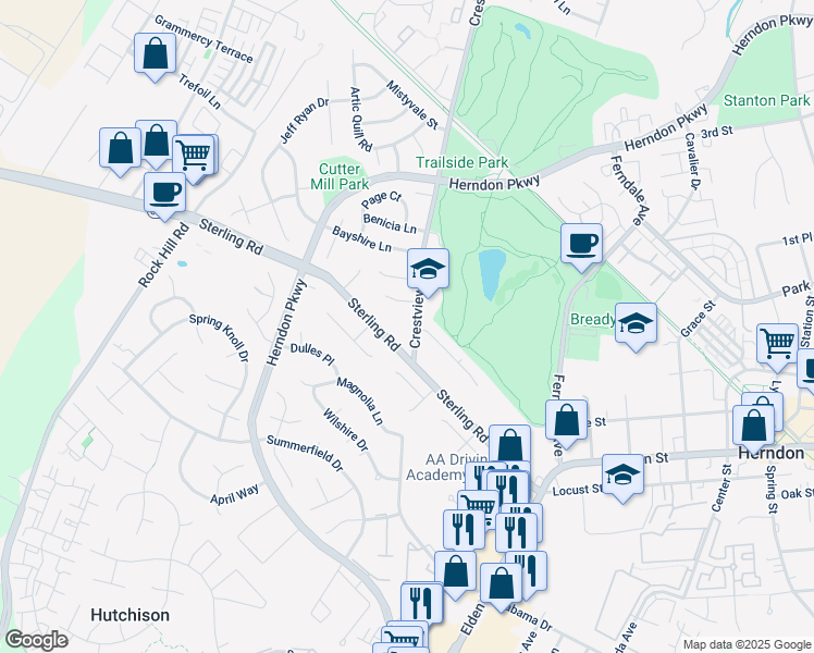 map of restaurants, bars, coffee shops, grocery stores, and more near 831 Crestview Drive in Herndon