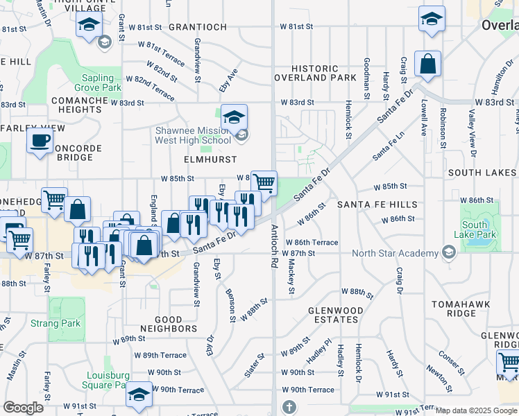 map of restaurants, bars, coffee shops, grocery stores, and more near 8726 Santa Fe Dr in Overland Park