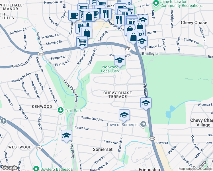 map of restaurants, bars, coffee shops, grocery stores, and more near 4812 Chevy Chase Boulevard in Chevy Chase