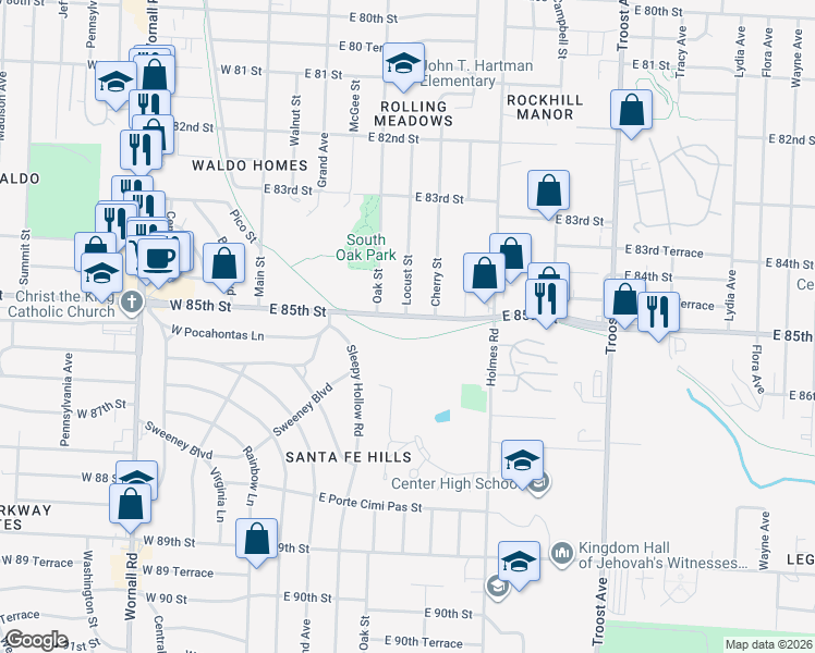 map of restaurants, bars, coffee shops, grocery stores, and more near 505 East 85th Street in Kansas City