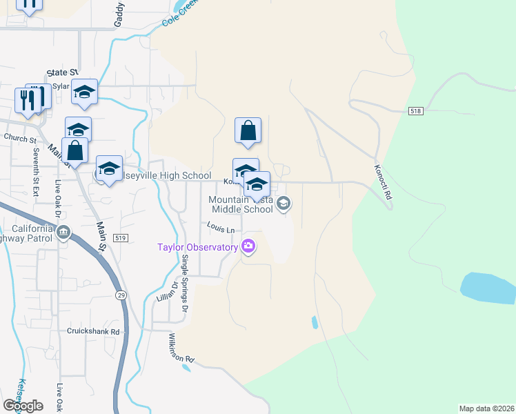 map of restaurants, bars, coffee shops, grocery stores, and more near 5081 Konocti Road in Kelseyville