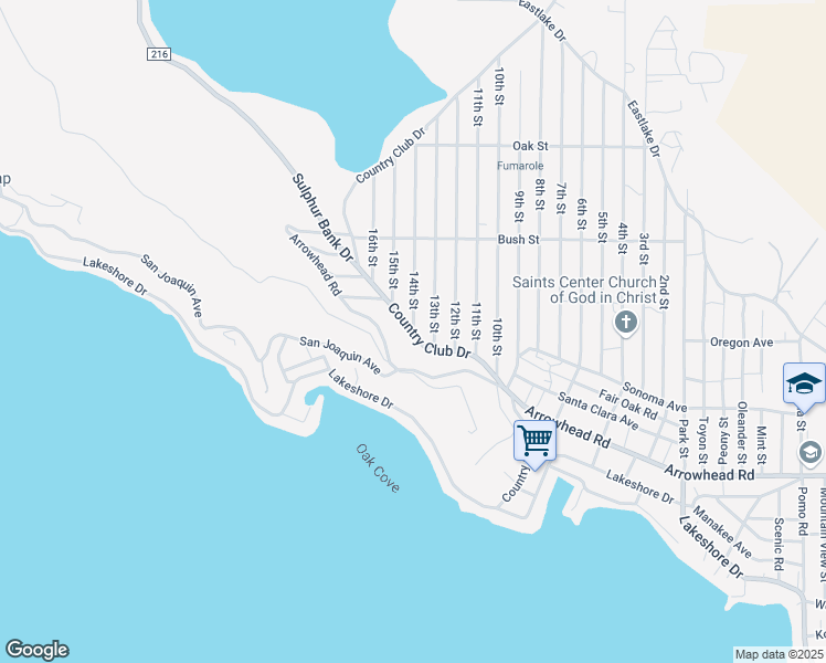 map of restaurants, bars, coffee shops, grocery stores, and more near Country Club Drive & 14th Street in Clearlake
