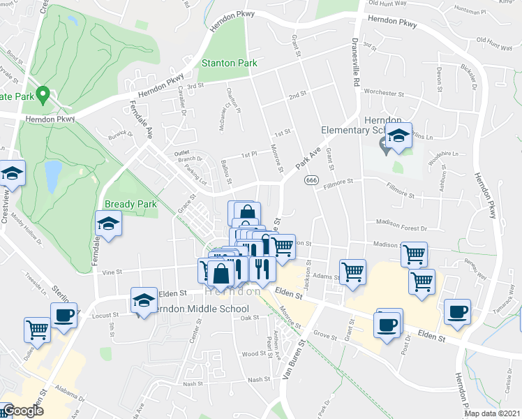 map of restaurants, bars, coffee shops, grocery stores, and more near 890 Station Street in Herndon