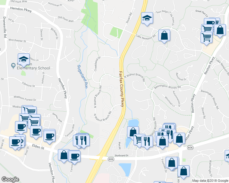 map of restaurants, bars, coffee shops, grocery stores, and more near 1611 Purple Sage Drive in Reston