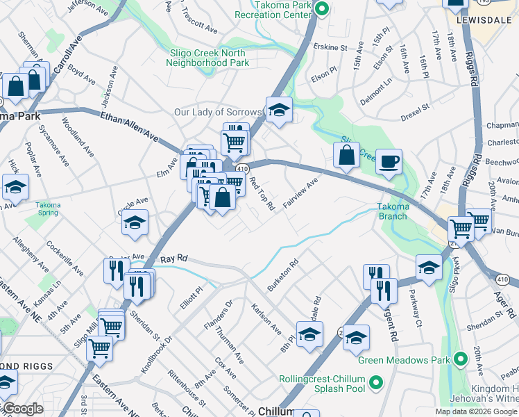 map of restaurants, bars, coffee shops, grocery stores, and more near 780 Fairview Avenue in Takoma Park