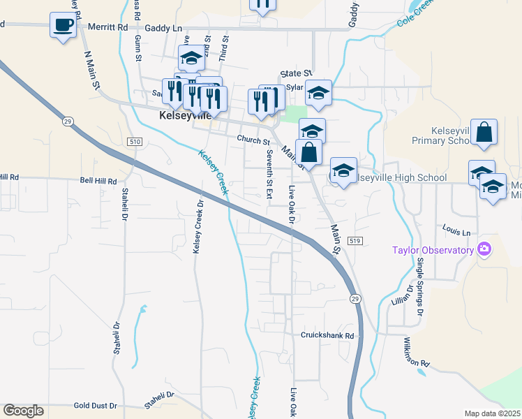 map of restaurants, bars, coffee shops, grocery stores, and more near 5495 5th Street in Kelseyville