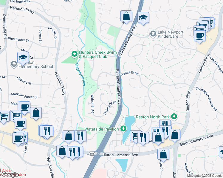 map of restaurants, bars, coffee shops, grocery stores, and more near 1611 Purple Sage Drive in Reston
