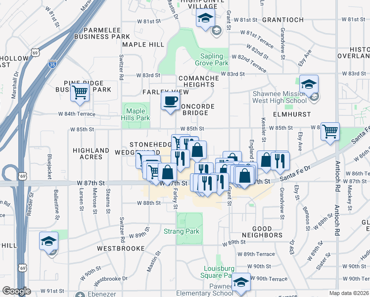 map of restaurants, bars, coffee shops, grocery stores, and more near 9840 West 86th Street in Overland Park
