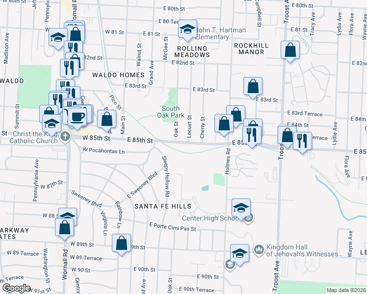 map of restaurants, bars, coffee shops, grocery stores, and more near 405 East 85th Street in Kansas City