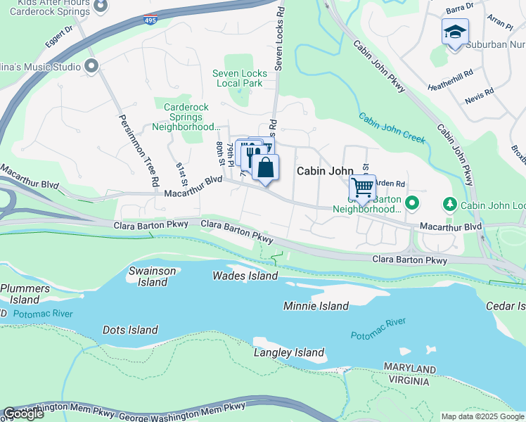 map of restaurants, bars, coffee shops, grocery stores, and more near 7903 Woodrow Place in Cabin John