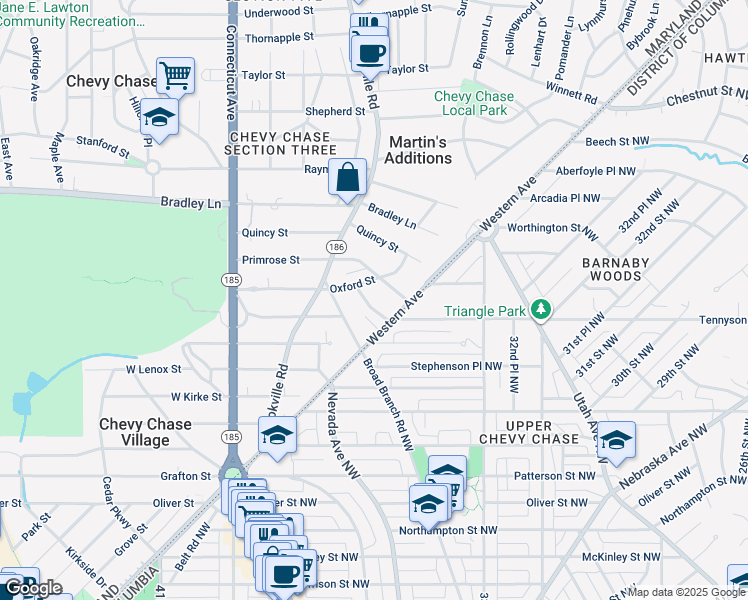 map of restaurants, bars, coffee shops, grocery stores, and more near 105 Summerfield Road in Chevy Chase