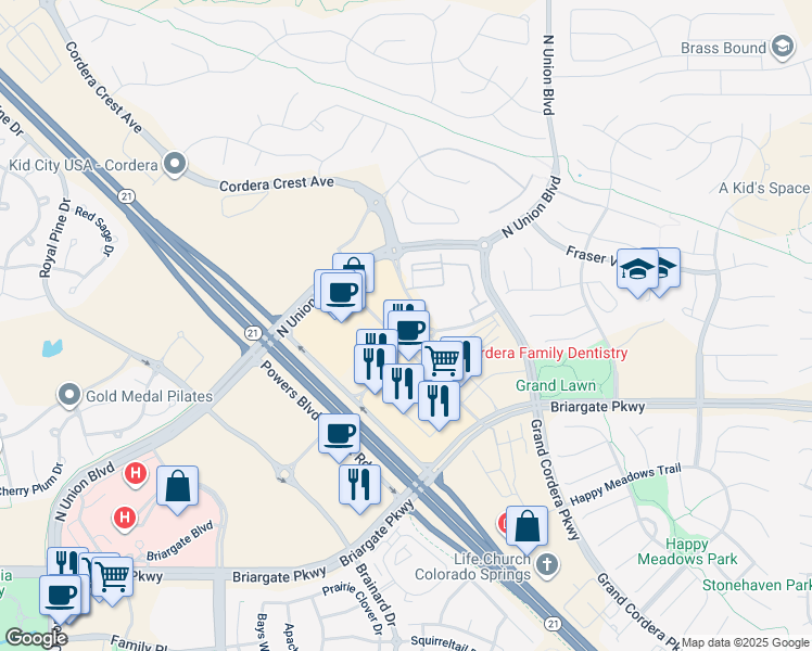 map of restaurants, bars, coffee shops, grocery stores, and more near 9697 Prominent Point in Colorado Springs