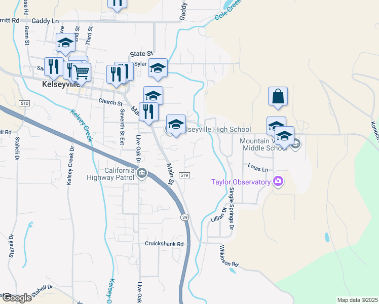 map of restaurants, bars, coffee shops, grocery stores, and more near 5585 Sunrise Drive in Kelseyville