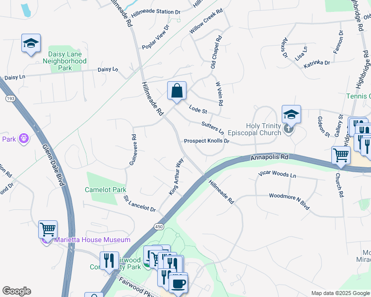 map of restaurants, bars, coffee shops, grocery stores, and more near 6005 Hillmeade Road in Bowie