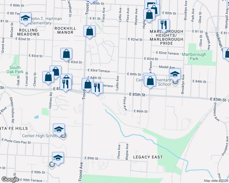 map of restaurants, bars, coffee shops, grocery stores, and more near 1399 East 85th Street in Kansas City