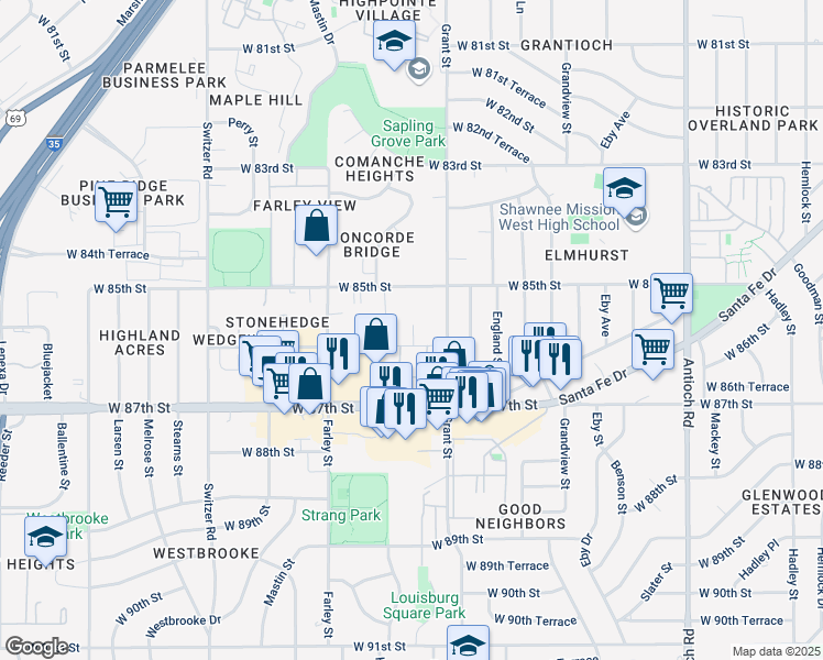 map of restaurants, bars, coffee shops, grocery stores, and more near 9606 West 86th Street in Overland Park