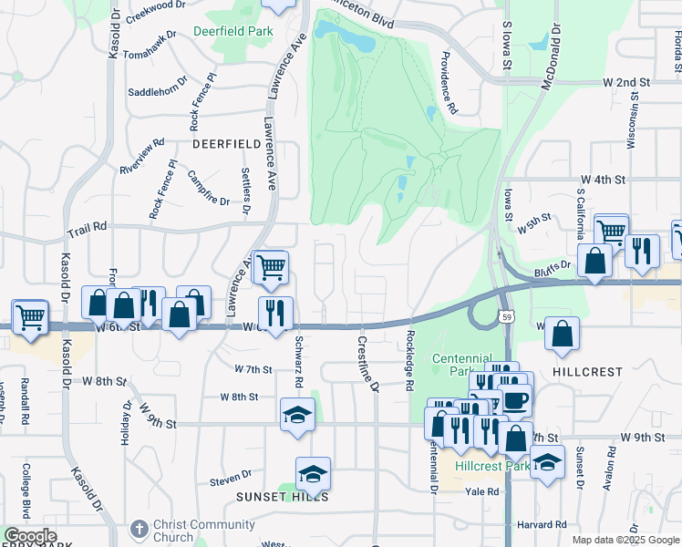 map of restaurants, bars, coffee shops, grocery stores, and more near 2 Graystone Drive in Lawrence