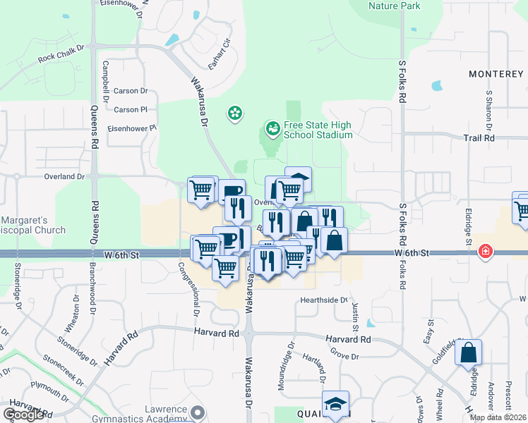 map of restaurants, bars, coffee shops, grocery stores, and more near 4801 Bauer Lane in Lawrence