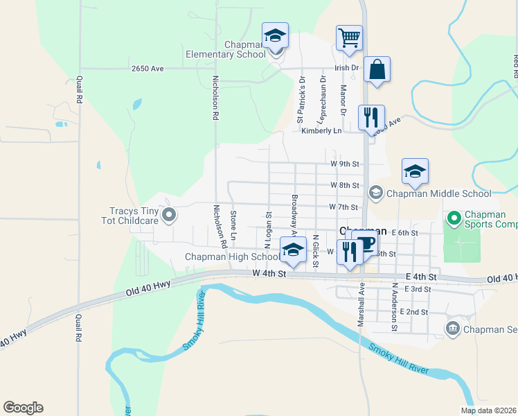 map of restaurants, bars, coffee shops, grocery stores, and more near 613 North Logan Street in Chapman