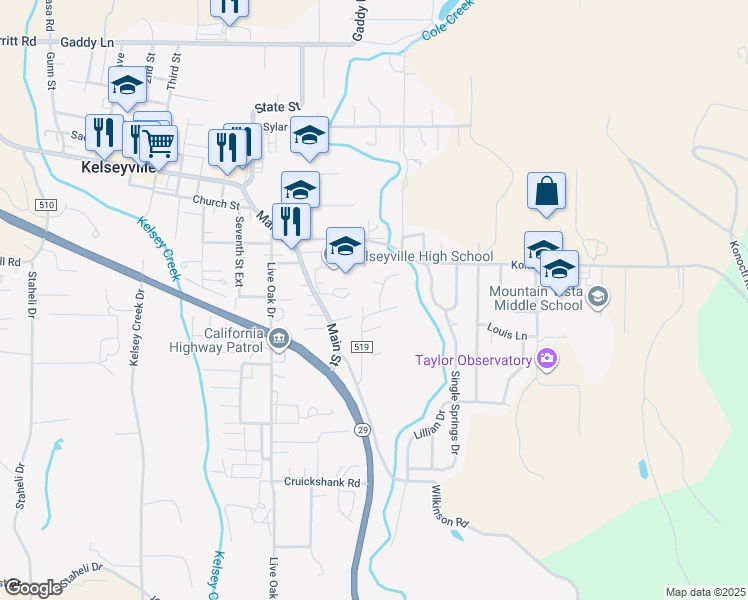 map of restaurants, bars, coffee shops, grocery stores, and more near 5585 Sunrise Drive in Kelseyville