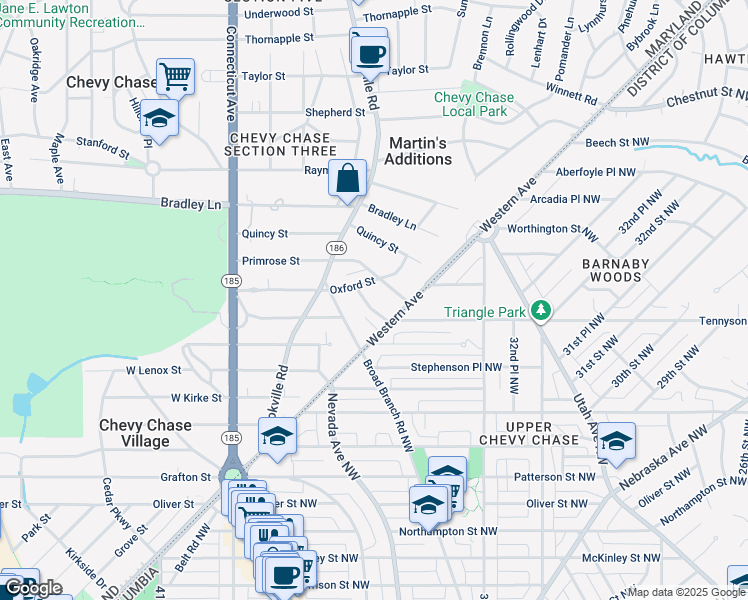 map of restaurants, bars, coffee shops, grocery stores, and more near 105 Summerfield Road in Chevy Chase