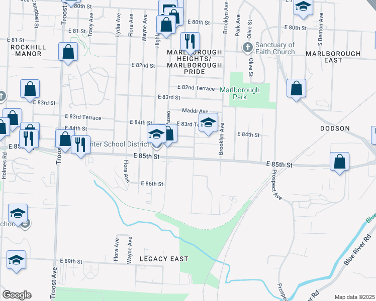 map of restaurants, bars, coffee shops, grocery stores, and more near 1913 East 84th Terrace in Kansas City