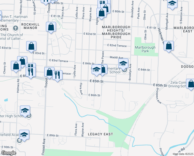 map of restaurants, bars, coffee shops, grocery stores, and more near 8434 The Paseo in Kansas City
