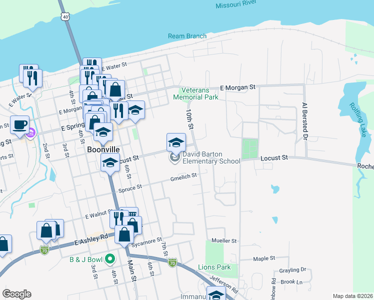 map of restaurants, bars, coffee shops, grocery stores, and more near 918 Ravenel in Boonville