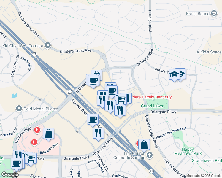 map of restaurants, bars, coffee shops, grocery stores, and more near 4562 Continental Heights in Colorado Springs