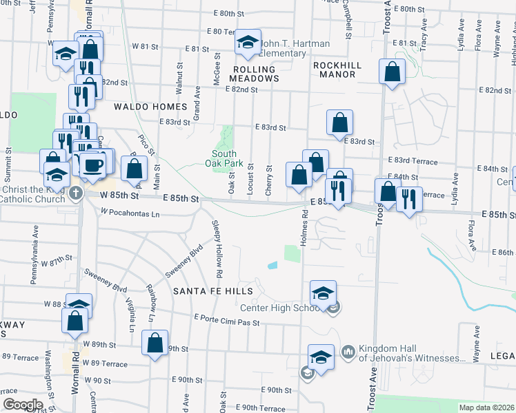 map of restaurants, bars, coffee shops, grocery stores, and more near 505 East 85th Street in Kansas City