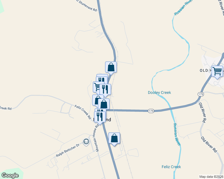 map of restaurants, bars, coffee shops, grocery stores, and more near 50 Center Street in Hopland