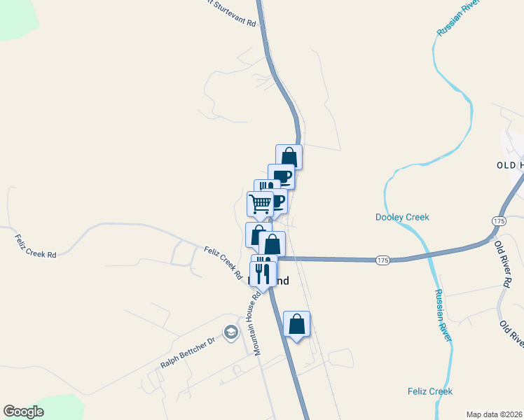 map of restaurants, bars, coffee shops, grocery stores, and more near 50 Center Street in Hopland