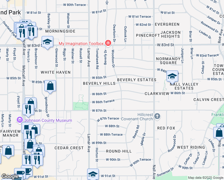 map of restaurants, bars, coffee shops, grocery stores, and more near 5911 West 86th Street in Overland Park