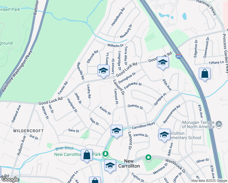 map of restaurants, bars, coffee shops, grocery stores, and more near 6514 Lamont Place in New Carrollton