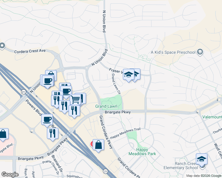 map of restaurants, bars, coffee shops, grocery stores, and more near 4841 Steamboat Lake Court in Colorado Springs