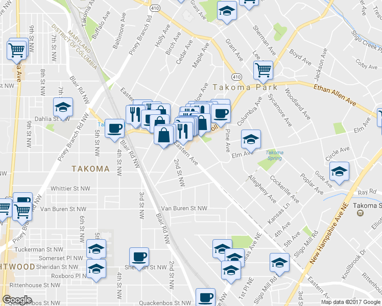 map of restaurants, bars, coffee shops, grocery stores, and more near 6899 Eastern Avenue Northwest in Takoma Park