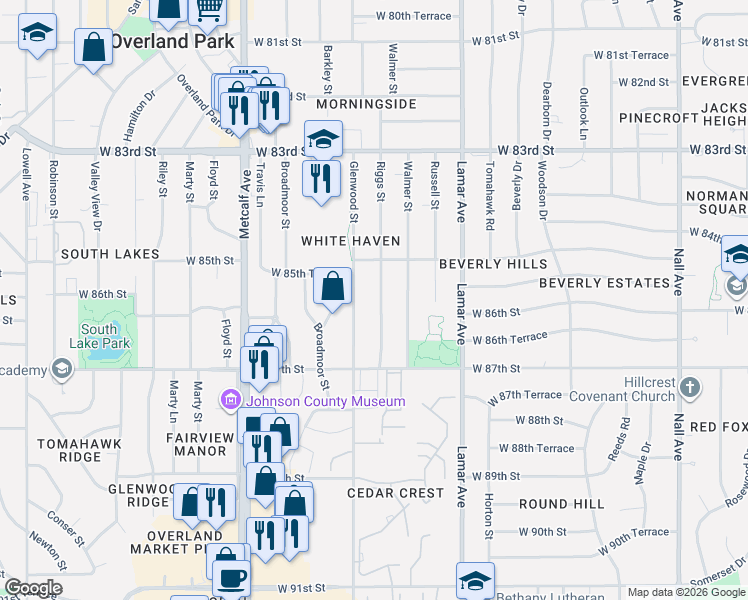 map of restaurants, bars, coffee shops, grocery stores, and more near 8600 Riggs Street in Overland Park