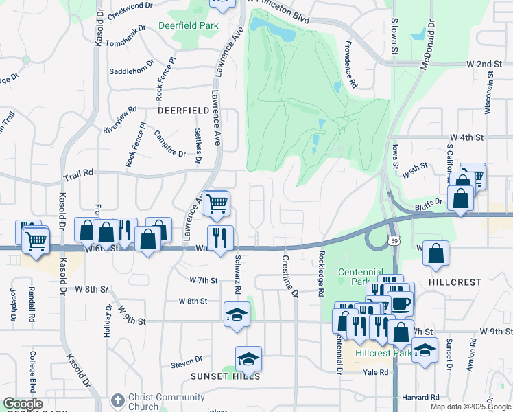 map of restaurants, bars, coffee shops, grocery stores, and more near 536 Schwarz Road in Lawrence
